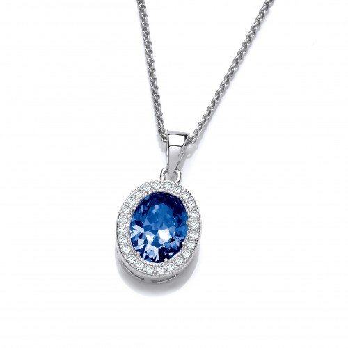 Carol Anne Silver Faceted Oval Blue Crystal Pendant with CZ Surround